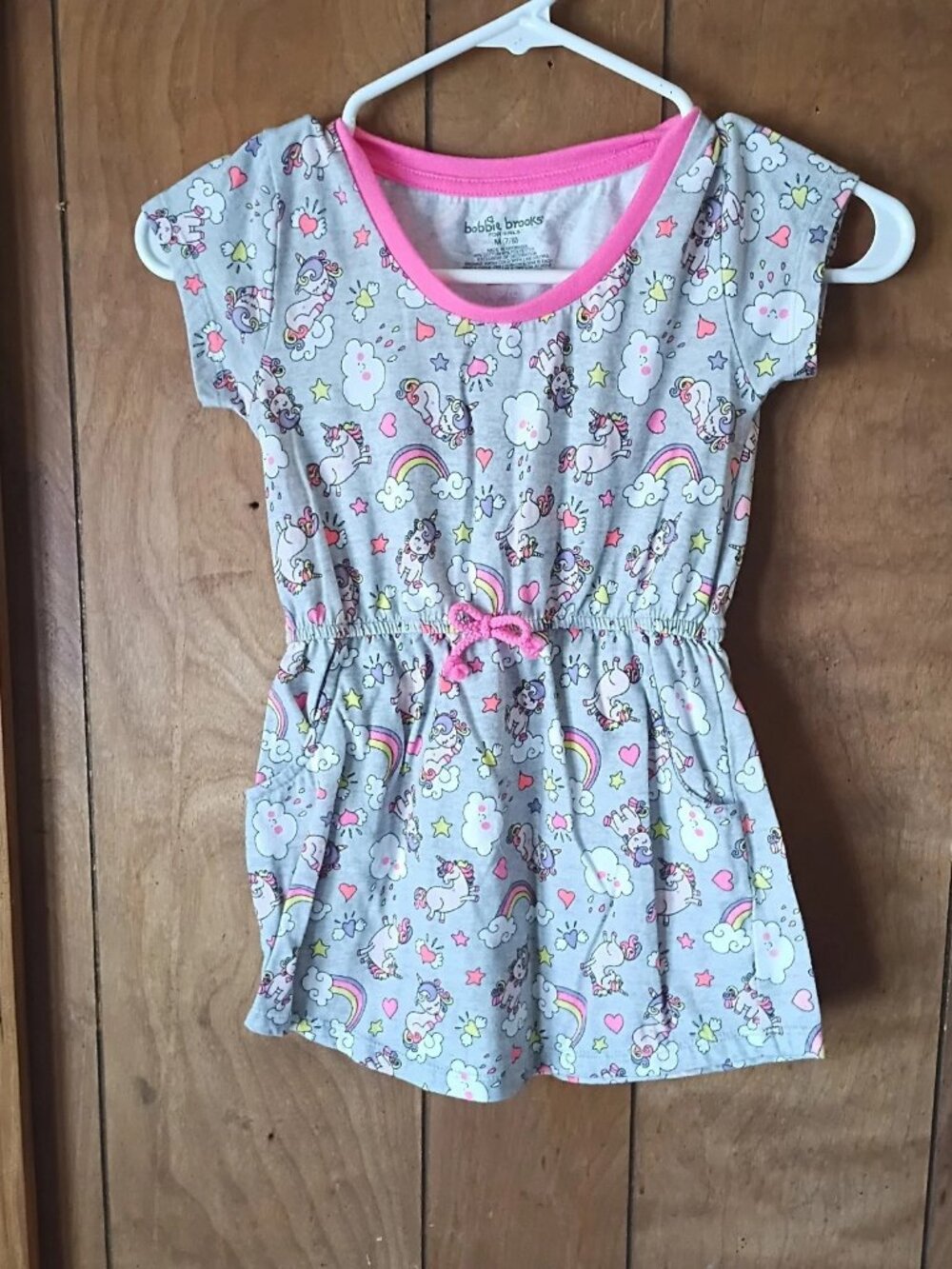 Bobbie Brooks Little Girls Dress Size M 7-8 Gray Pink Hearts Unicorns